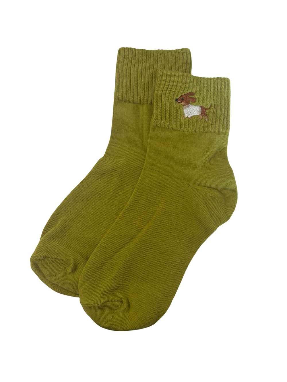 Dachshund Wiener Dog Embroidered Low Crew Socks Yellow Chartreuse Green One Size